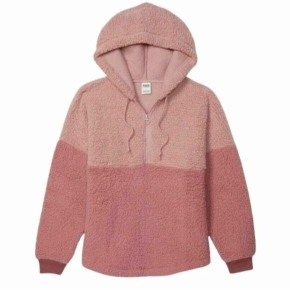 PINK Victoria's Secret Sherpa 1/4 Zip Hoodie Size Large - Picture 1 of 14